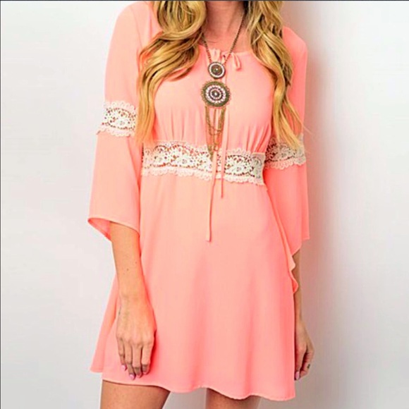 ❗️MEDIUM LEFT Neon Peach Flutter Sleeve Dress - Picture 2 of 4