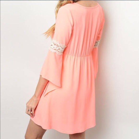 ❗️MEDIUM LEFT Neon Peach Flutter Sleeve Dress - Picture 3 of 4