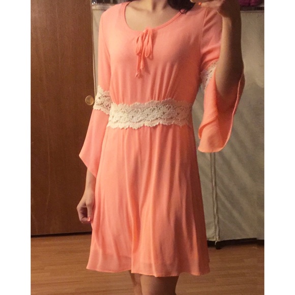 ❗️MEDIUM LEFT Neon Peach Flutter Sleeve Dress - Picture 4 of 4