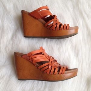 Coral woven leather wedge sandal