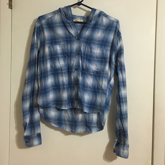 Hollister: blue and white hooded flannel