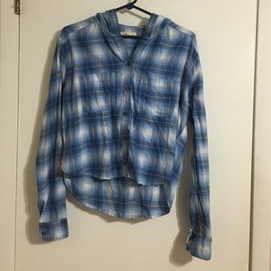 Hollister: blue and white hooded flannel