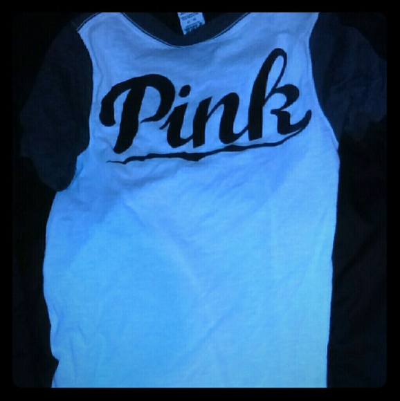 Grey n white pink T with PINK IN BLACK ON BACK.