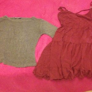 A burgundy dress and a gray 3/4 sleeve top