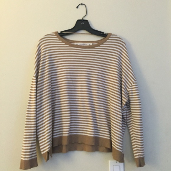 ZARAKNIT striped tan sweater with elbow pads