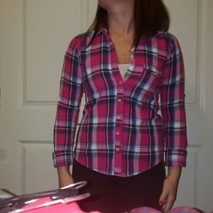Pink, blue and yellow plaid button up shirt
