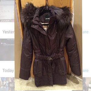 Down coat with real fur trip hood