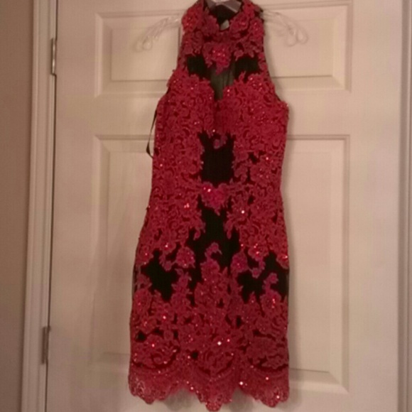 Sherri Hill red black open back dress 8