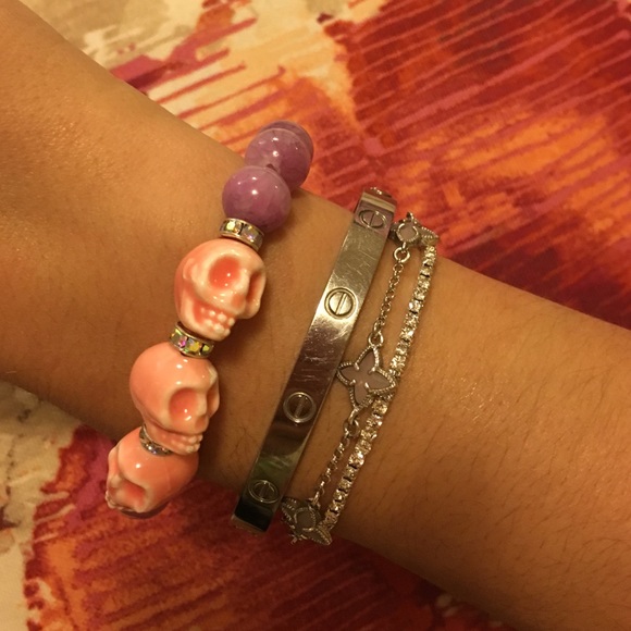 Pink Ceramic Skull Bracelet Purple Beads