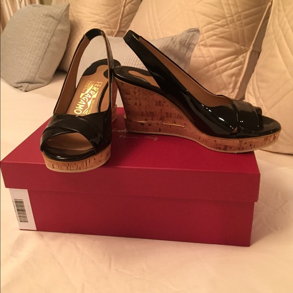 Patent Slavatore Ferragamo platform sandals.