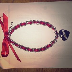 BEBE Red Ribbon Bow Rhinestone Heart Necklace