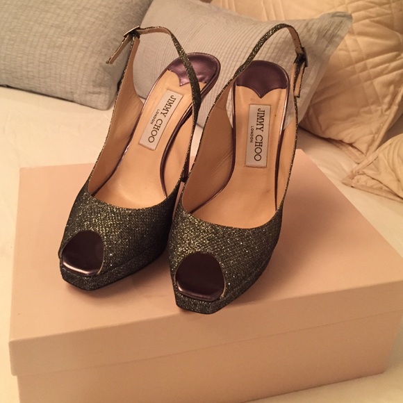 Jimmy Choo sling back peep toe pumps.