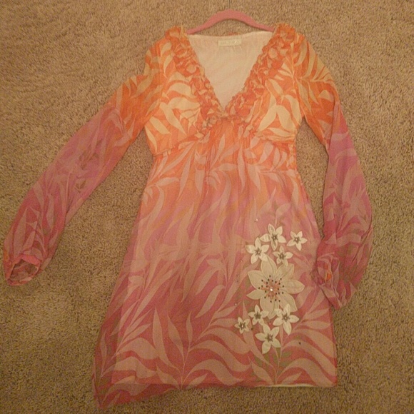 Ombre orange and fuchsia dress w flower applique - Picture 1 of 3