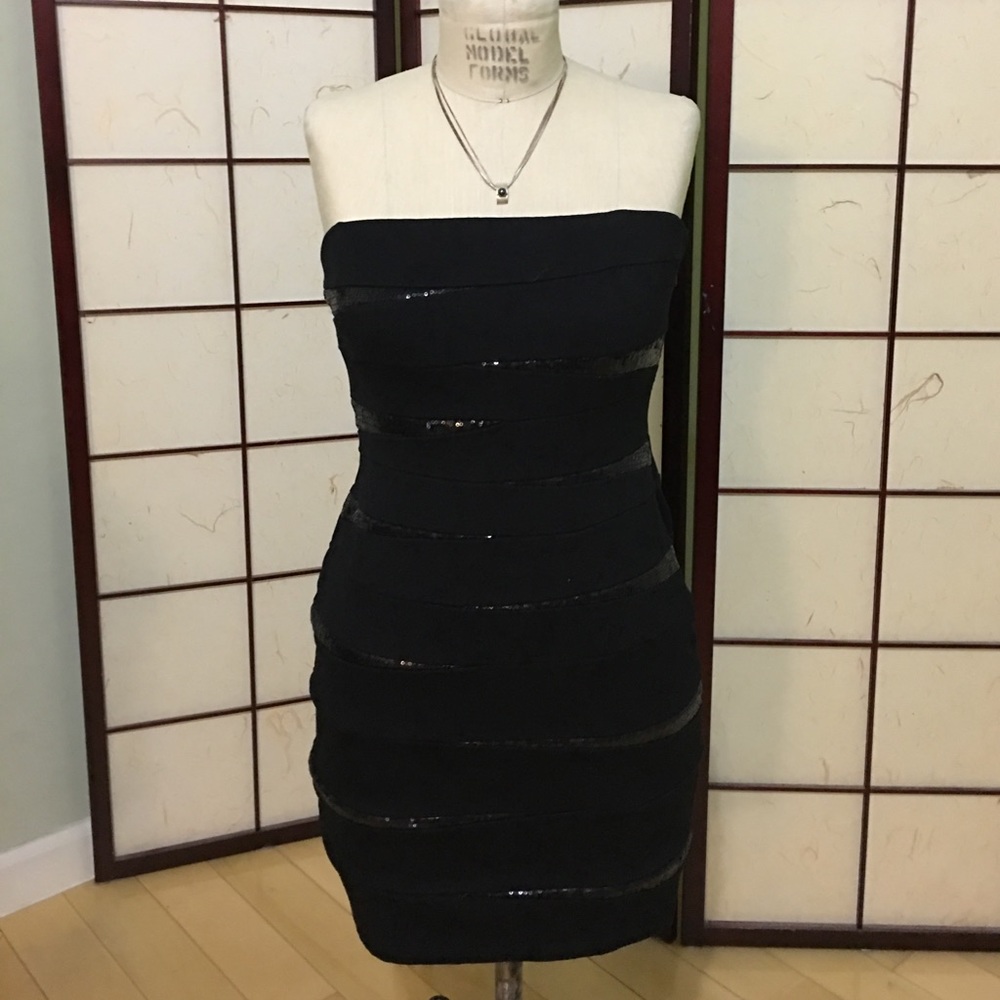 Strapless sequin black mini dress