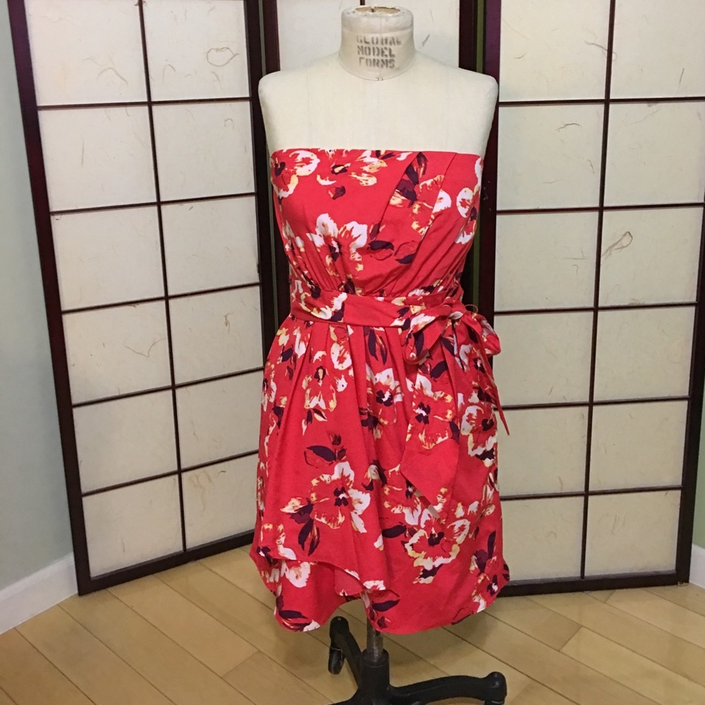 Red floral strapless dress 2