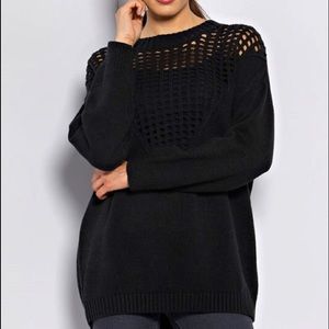 Black Oversized Hole Punched Vneck Sweater