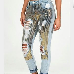Gold glitter distressed jeans, shophopes, new