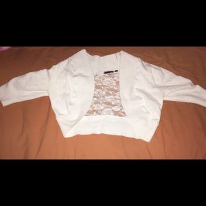 Cropped white lace back sweater/cardigan