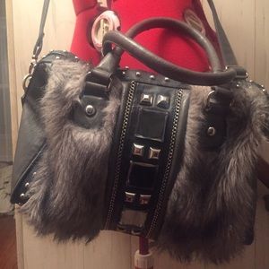 Faux fur, crystal and stud embellished Doctor bag