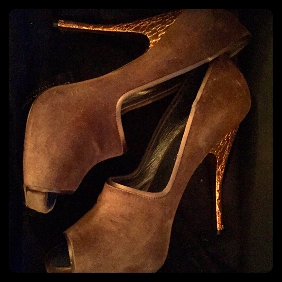 Donna Karan velvet olive-brown stilettos