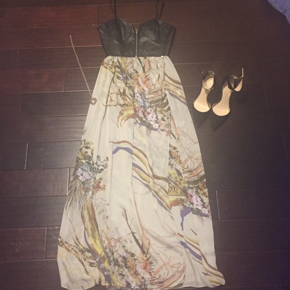 Leather and chiffon maxi dress