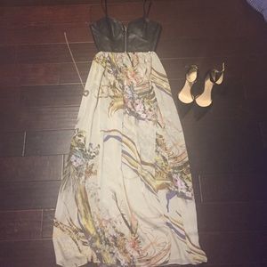 Leather and chiffon maxi dress