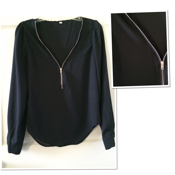 NEW! Black V Neck Long Sleeve Zipper Top - Picture 3 of 4