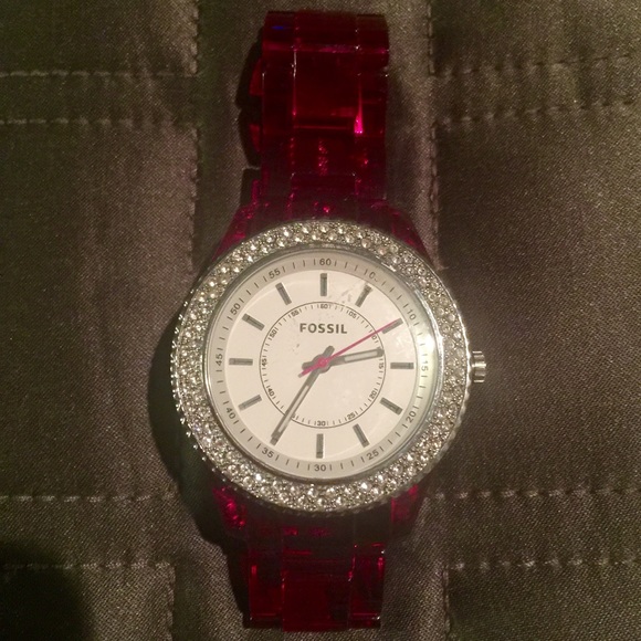 FOSSIL WATCH .... Fun pinkish-red clear band - Picture 1 of 2