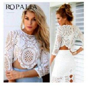 Sexy Lace Hollow Crop Top Long Sleeve
