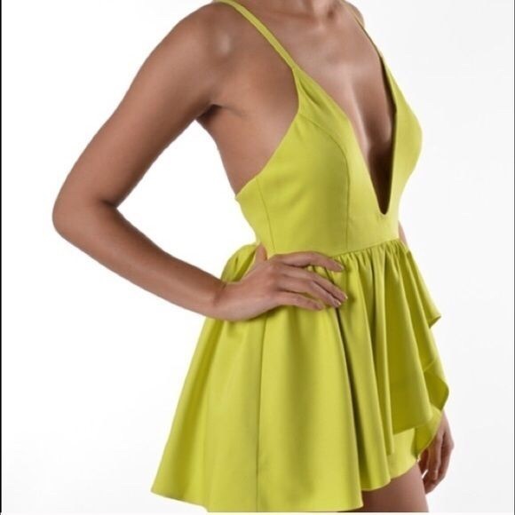 Deep V Neck Low Cut Asymmetrical Ruffle Romper - Picture 2 of 3