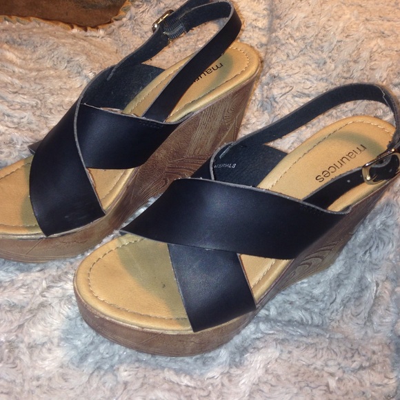 Black Strapped Slingback Wedges with Wooden Heel
