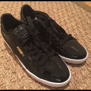 Puma Black Patent Tennis Shoes Athleisure Sneakers