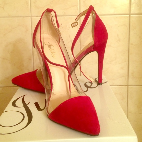 Women Red Pointy Toe Clear Side Ankle Strap Heel.