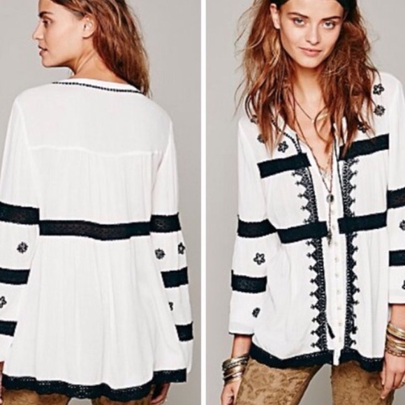 Free People Black White Boho Top