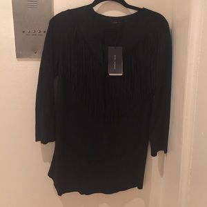 Zara black v neck fringe tunic dress faux suede XS