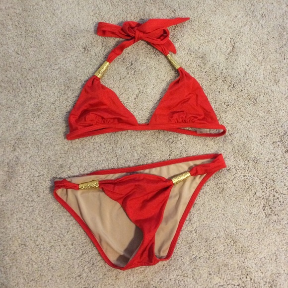 VS coral red bikini with gold detail