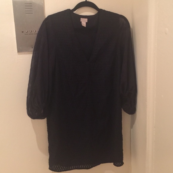 H&M Navy Deep V Dress Sheer Longsleeve Size 4 - Picture 1 of 4