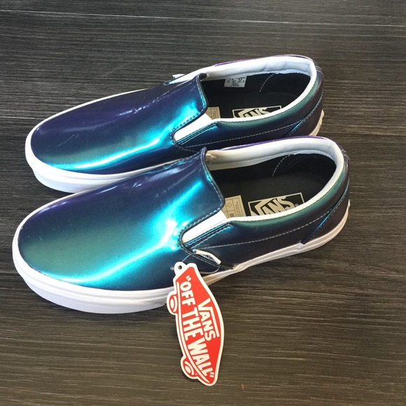 vans blue patent leather slip on shoes