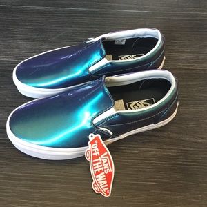 New Metallic Blue Patent Leather Vans Slip Ons