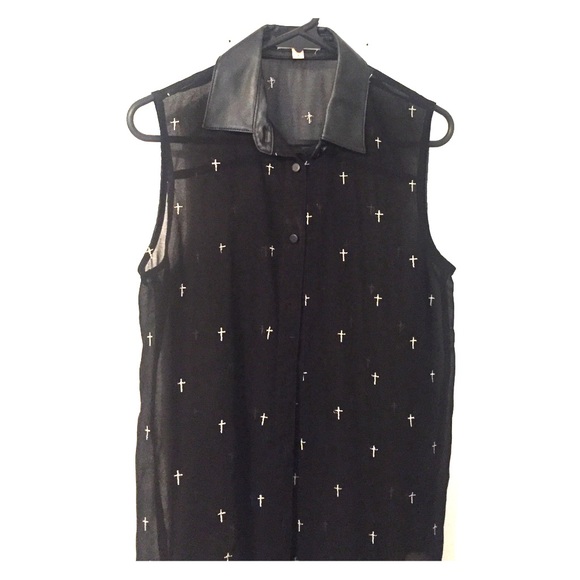 Black sheer button up with crosses