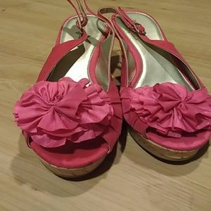 Pink floral cork wedges