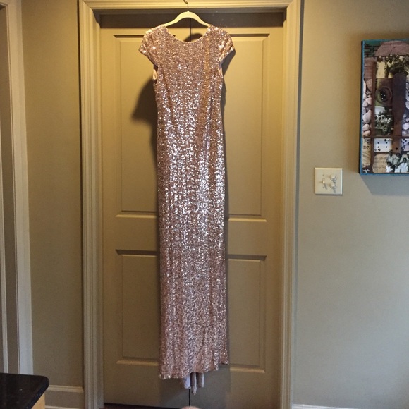 Badgley Mischka Gold Sequined Cowl Back Gown