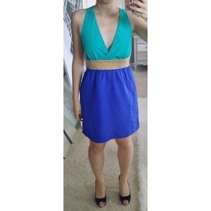 Aqua Colorblock Deep V Plunge Neck Gold Belt Dress