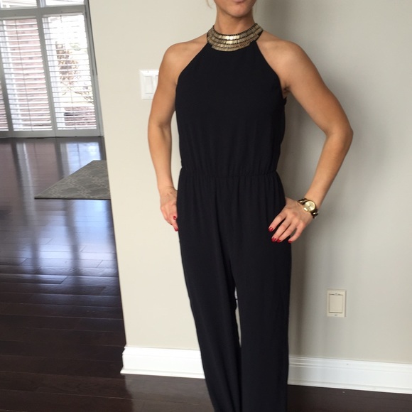 Chic High Neck Jumpsuit with Gold Detail