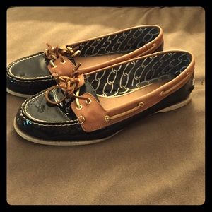 Navy and tan Sperrys