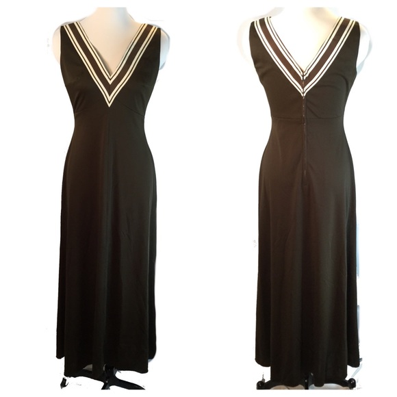 Brown Ivory Grosgrain Ribbon V-Neck Polyester Maxi