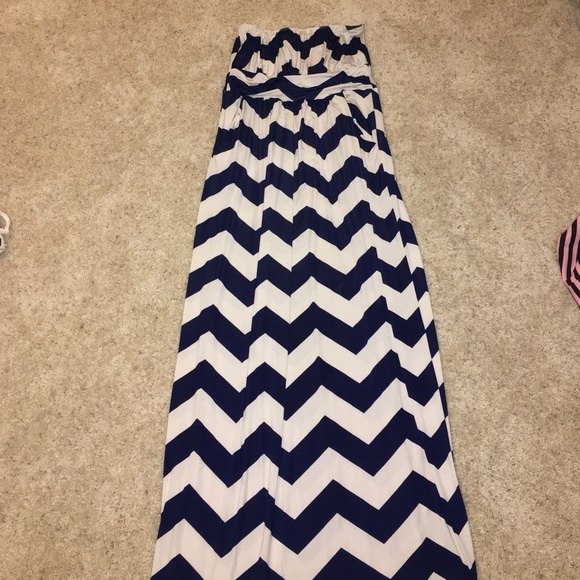 Strapless navy and white chevron maxi dress