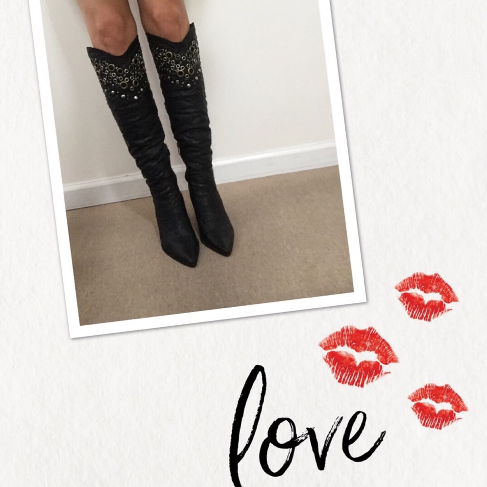 Womens leather boots pointed toe heels size 6 knee length