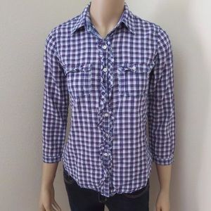 Vintage Abercrombie & Fitch Y2K Gingham Plaid Ruffle Button Down 3/4 Sleeve Navy