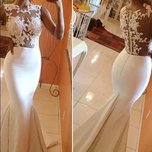White lace mermaid prom dress